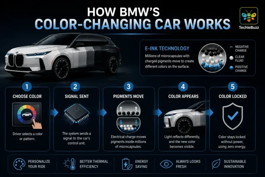 Infographic explaining how BMW new color-changing car technology works step by step
