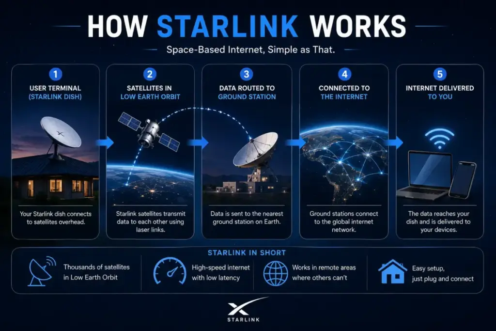 Elon Musk's Starlink satellite internet connecting a rural home through low Earth orbit satellites, illustrating how space-based broadband works.